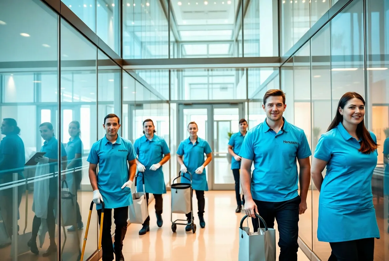 Reinigungsteam von Aureoclean in einem modernen Bürogebäude in Wiesbaden